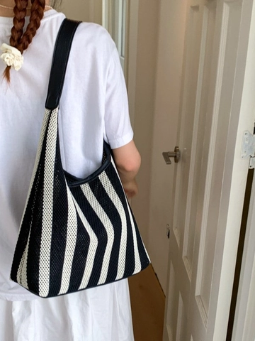 Borsa a Tracolla Intrecciata a Strisce Casual da Donna Tote Bag all'Uncinetto Grande Capacità Borsa da Spiaggia Viaggio Moda