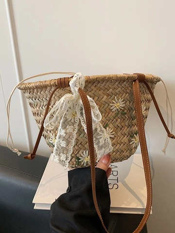 Damen Sommer Strohgeflecht Beuteltasche Gänseblümchen Bestickt Handgewebt Umhängetasche Mit Spitzenschleife Strandtasche Urlaub