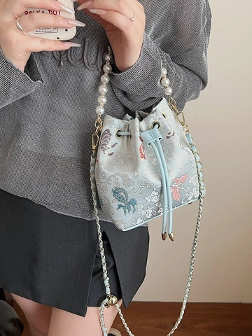 Bolso Tipo Cubo con Bordado Estilo Chino Vintage Con Asa de Perlas Artificiales Correa de Cadena de Metal Bolso de Mano para Mujer
