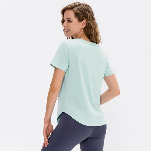 Women Loose Yoga Sports T-Shirt Breathable Quick Dry Fitness Top Curved Hem Workout Running Tee Polyester Spandex Shirt