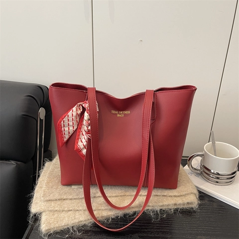 Large Capacity PU Leather Tote Bag For Women Urban Minimalist Shoulder Bag With Decorative Satin Scarf Daily Commuting Handbag