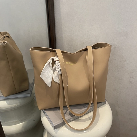 Large Capacity PU Leather Tote Bag For Women Urban Minimalist Shoulder Bag With Decorative Satin Scarf Daily Commuting Handbag