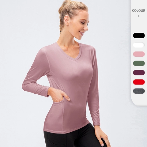 Damen V-Ausschnitt Langarm Sport T-Shirt Slim Fit Schnelltrocknend Atmungsaktiv Yoga Running Top Mit Seitentasche Einfarbig