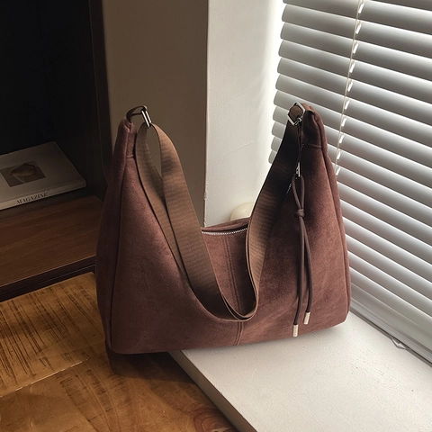 Einfache Hobo Umhängetasche Für Damen Mit Großer Kapazität Wildlederoptik PU Leder Tote Mit Quaste Für Den Alltag
