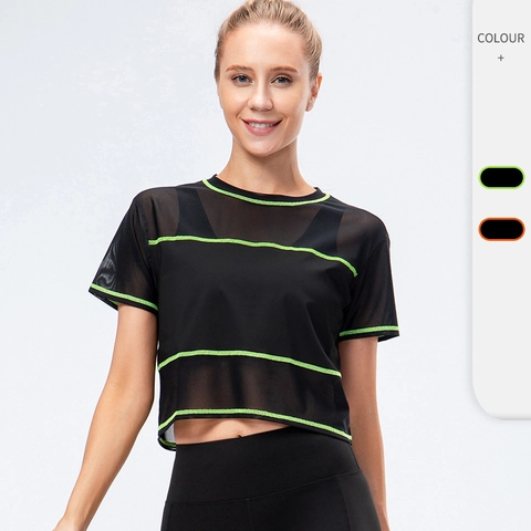 Maglietta Sportiva da Donna in Mesh Traspirante Asciugatura Rapida Vestibilità Larga Manica Corta Crop Top Strisce a Contrasto Allenamento Yoga Corsa Fitness