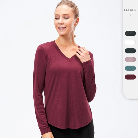 Maglietta da Yoga Donna Manica Lunga Vestibilità Comoda Asciugatura Rapida Traspirante Scollo a V Sportiva Workout Running Fitness Palestra