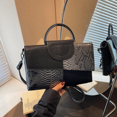 Bolso de Hombro de Mujer de Cuero de PU con Patrón de Serpiente Patchwork Gran Capacidad Bolso con Asa de Metal Redonda Bandolera