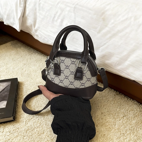 Retro Monogramm Mini Muschel Handtasche für Damen PU Leder Umhängetasche Vintage Geometrischer Druck Spleißen Kleine Tasche