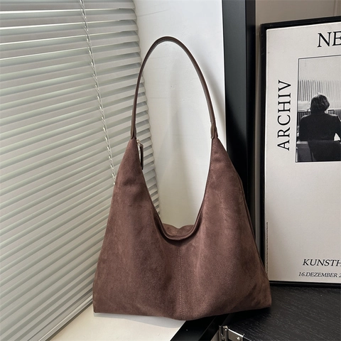 Women Large Capacity Matte PU Hobo Shoulder Bag Vintage Minimalist Solid Color Stitching Tote Bag For Commute Brown