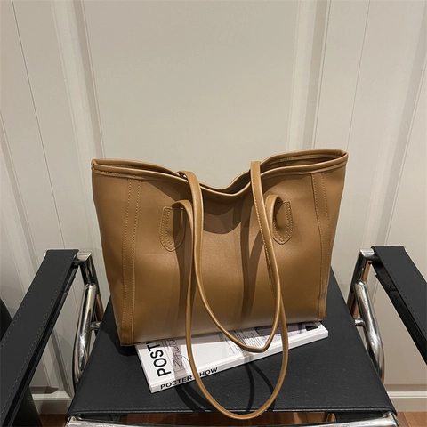 Women Fashion PU Leather Large Capacity Tote Bag Minimalist Urban Simple Shoulder Handbag Retro Daily Commute Solid Color Bag