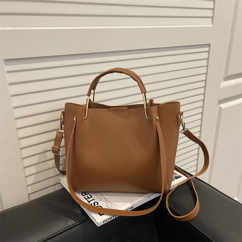 Women Minimalist Litchi Texture PU Leather Bucket Bag Adjustable Shoulder Strap Handbag Casual Commuting Crossbody Bag