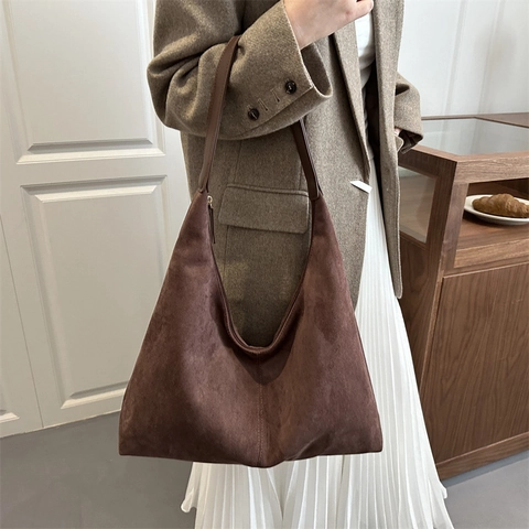 Women Large Capacity Matte PU Hobo Shoulder Bag Vintage Minimalist Solid Color Stitching Tote Bag For Commute Brown