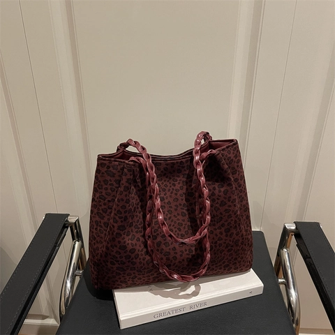 Damen Wildleder Leopardenmuster Tragetasche Große Kapazität Schultertasche Mit Geflochtenem Griff Und Anhänger Retro Casual Handtasche