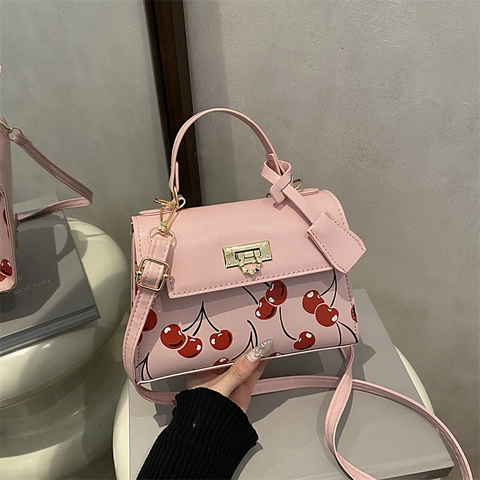 Borsa a Spalla in Pelle PU Con Stampa Ciliegie Vintage per Donna Borsa a Tracolla Piccola Quadrata Alla Moda Con Serratura Dorata