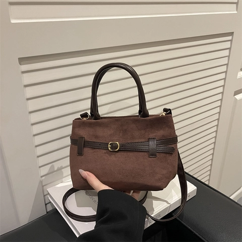 Retro Suede Texture PU Leather Large Tote Bag For Women Solid Color Casual Shoulder Bag Elegant Office Handbag With Strap