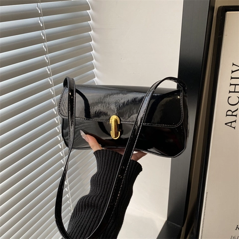 Bolso de Hombro de Piel de Patente Minimalista para Mujer Bolso de Axila de PU Con Cierre Dorado Color Sólido Moda Retro Viaje Diario
