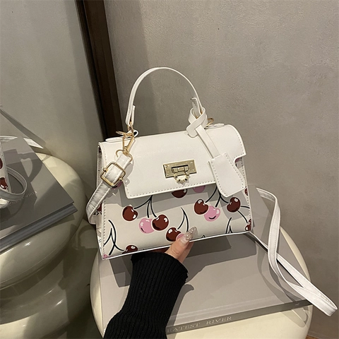 Borsa a Spalla in Pelle PU Con Stampa Ciliegie Vintage per Donna Borsa a Tracolla Piccola Quadrata Alla Moda Con Serratura Dorata
