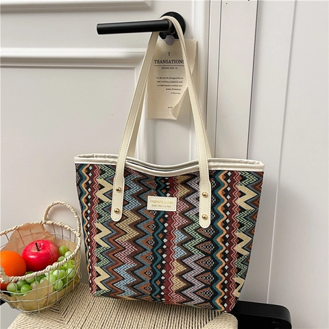 Damen Gewebte Tragetasche Ethno Vintage Zickzack Chevron Muster Leinwand Handtasche PU Leder Griff Große Kapazität Schultertasche