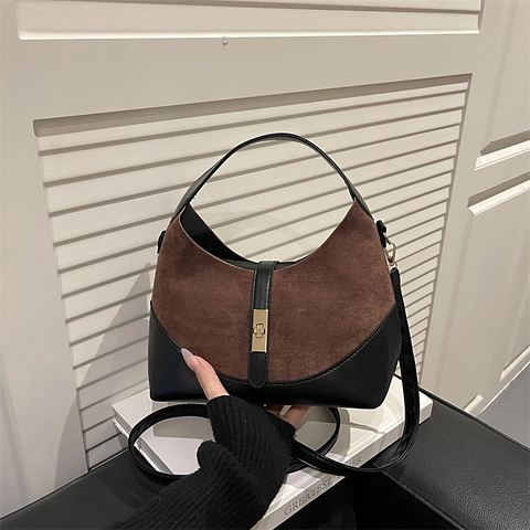 Sac à Main en Cuir PU Splicing Suède avec Motif Roses Léopard pour Femmes Sac Bandoulière de Mode avec Serrure Métallique