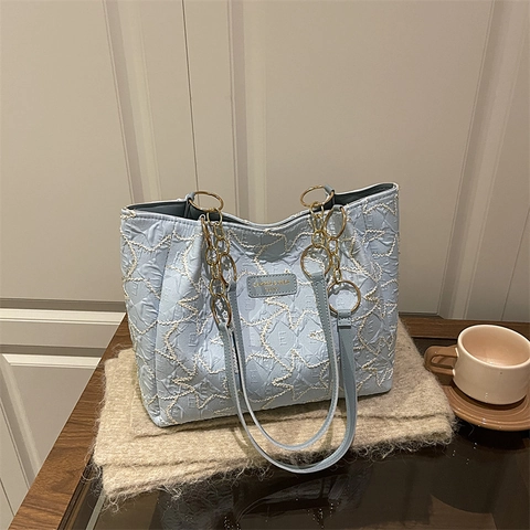Damen Mode Stern Gesteppt PU Leder Tote Bag Große Kapazität Schultertasche Mit Kettengurt Und Wolkenanhänger Lässig Handtasche