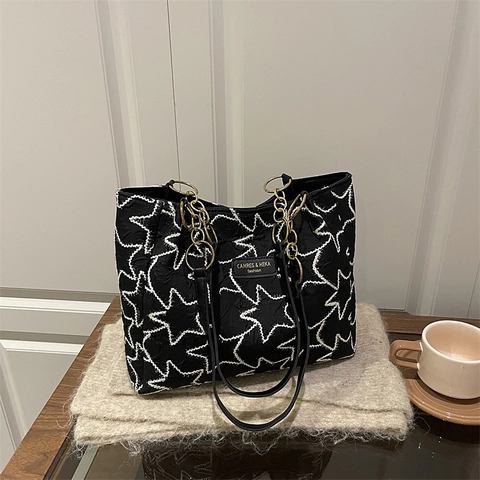 Women Large Capacity Tote Bag Star Embroidery Wrinkled Texture Shoulder Bag With Gold Chain Strap And Plush Cloud Charm