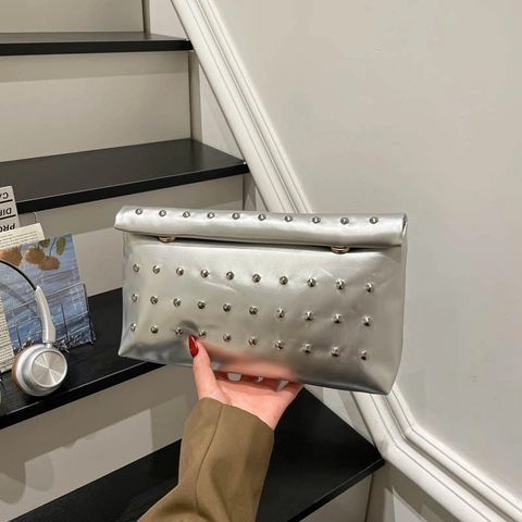Trendy Rivet PU Leather Clutch Envelope Bag Metallic Gold Silver Black Large Capacity Evening Party Handbag 2025 Fashion