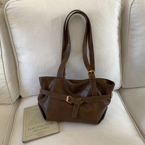 Retro Large Capacity PU Leather Shoulder Bag Women Minimalist Solid Color Tote Bag Decorative Buckle Commute Work Handbag