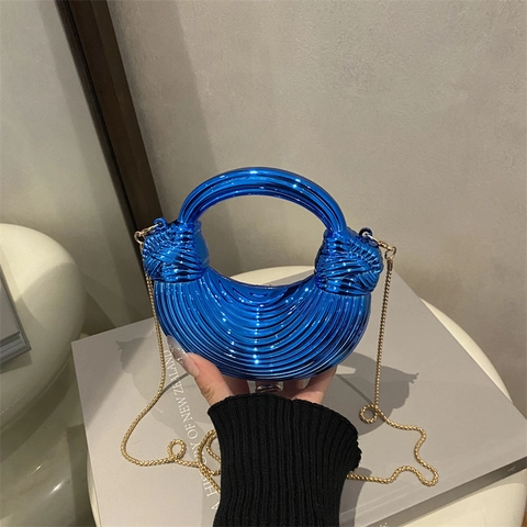 Borsa a Tracolla da Donna Plissettata Metallica Lucida Ondulata a Mezzaluna Borsa da Sera con Tracolla a Catena Oro Party Clutch
