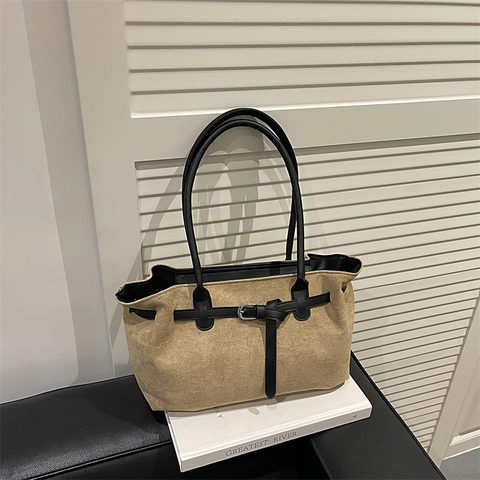 Vintage Faux Suede Large Capacity Tote Bag For Women Winter Minimalist Shoulder Underarm Bag Solid Color Handbag With Beaded Pendant