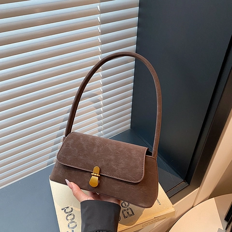 Vintage Suede Shoulder Bag For Women Faux Suede Commuter Handbag Solid Color Underarm Bag With Metal Lock Elegant Tote Bag