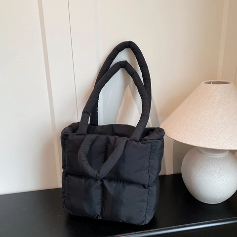Dames Gewatteerde Puffer Tote Bag Grote Capaciteit Katoen Rooster Ontwerp Minimalistisch Casual Schoudertas Trendy Mode Handtas