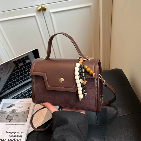 Retro Patchwork Leopard Print Shoulder Bag For Women Nylon PU Leather Handbag With Beaded Pendant Crossbody Commuting Purse
