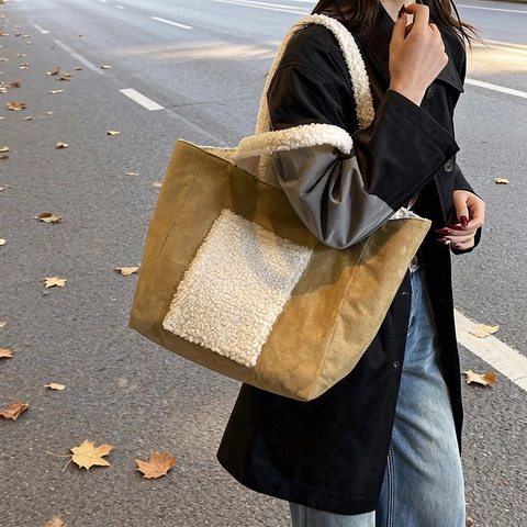 Damen Große Kapazität Plüsch Patchwork PU Tote Bag Casual Herbst Winter Wildleder Handtasche Einfache Schultertasche Für Alltag