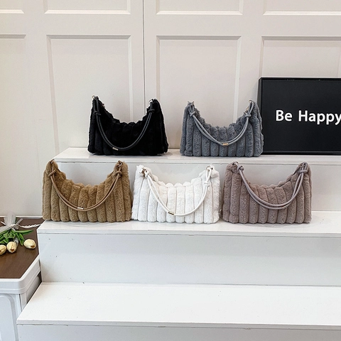 2025 Borsa a Tracolla in Peluche da Donna Moda Invernale Borsa Sotto l'Ascella in Pelliccia Sintetica a Costine Borsa a Mezzaluna Casual