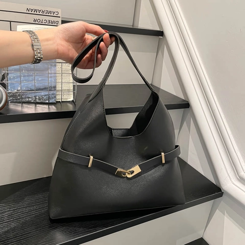 Bolso de Hombro de Cuero PU Minimalista para Mujer Bolso Hobo Retro de Gran Capacidad con Costuras y Hebilla Dorada