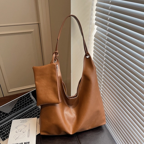 Sac Cabas Minimaliste en Cuir PU Grande Capacité pour Femmes Sac Hobo d'Épaule Rétro Décontracté Avec Pochette Amovible