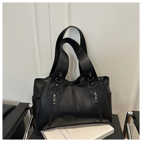Vintage Large Capacity PU Leather Tote Bag For Women Litchi Texture Casual Shoulder Underarm Bag Commuting Solid Handbag