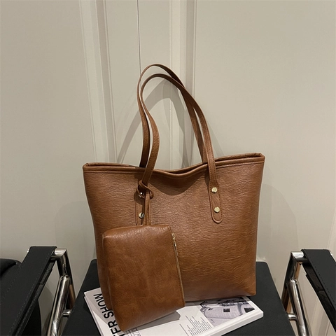 Vintage Damen Große Kapazität PU Leder Tragetasche Set Mit Kleiner Tasche Urban Minimalistische Schultertasche Pendeltasche
