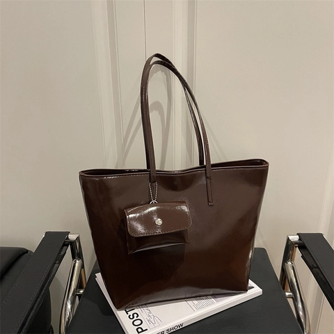 Borsa Tote da Donna in Pelle PU Grande Capacità Con Mini Borsellino Retro Semplice Borsa a Tracolla Pendolare per Ufficio