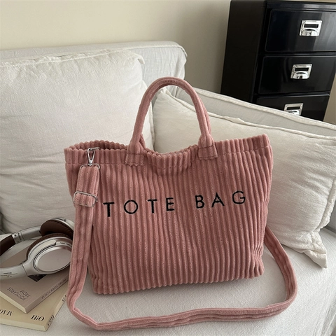 Dames Grote Capaciteit PU Tote Tas Mode Casual Letter Borduurwerk Schoudertas Minimalistisch Corduroy Textuur Pendeltas Handtas
