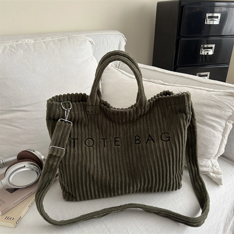 Dames Grote Capaciteit PU Tote Tas Mode Casual Letter Borduurwerk Schoudertas Minimalistisch Corduroy Textuur Pendeltas Handtas