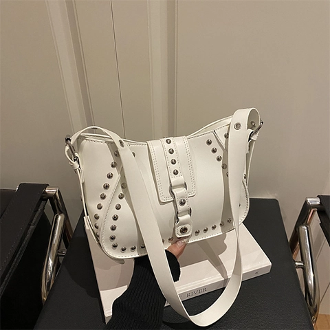 Vintage PU Leather Studded Shoulder Bag For Women Punk Style Rivet Underarm Bag Chic Motorcycle Hobo Bag Solid Color