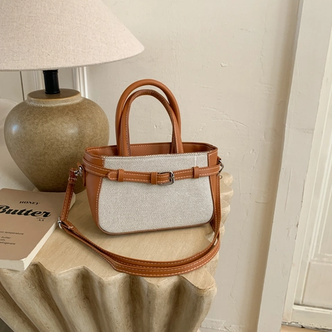 Sac à Épaule en Toile Cuir PU Patchwork Femmes Rétro Minimaliste Navettage Sac à Main Bandoulière Sac à Main à Mode Avec Sangle