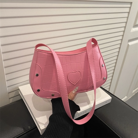 Vrouwen Vintage Krokodillenpatroon PU Leer Onderarmtas Hart Decor Klinknagel Mode Grote Capaciteit Schouder Crossbody Tas
