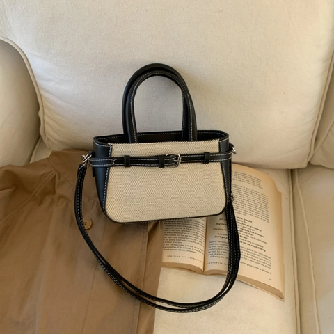 Sac à Épaule en Toile Cuir PU Patchwork Femmes Rétro Minimaliste Navettage Sac à Main Bandoulière Sac à Main à Mode Avec Sangle