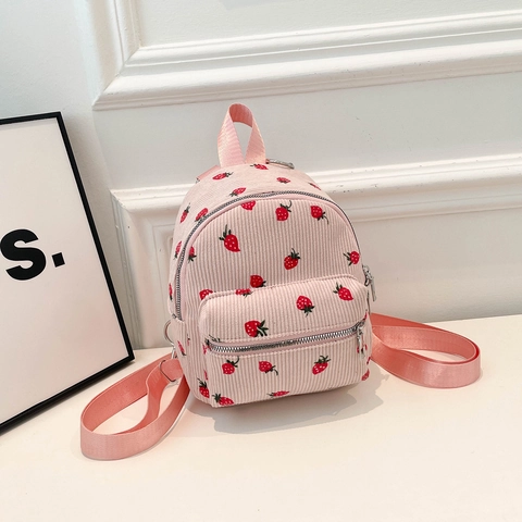 Zaino Mini in Velluto a Coste Vintage per Donna Simpatica Borsa da Scuola Piccola Con Stampa a Fragola Borsa Casual da Viaggio