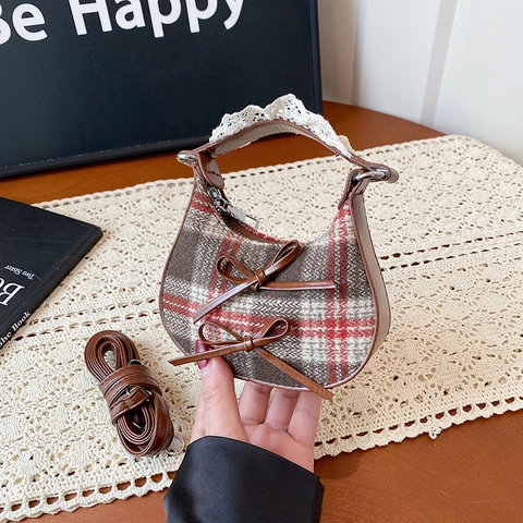 Damen Vintage Leopardenmuster Karomuster Nylon Umhängetasche Süße Schleife Spitze Mini Crossbody Tasche Mode Handtasche Accessoire
