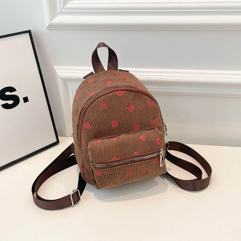 Zaino Mini in Velluto a Coste Vintage per Donna Simpatica Borsa da Scuola Piccola Con Stampa a Fragola Borsa Casual da Viaggio