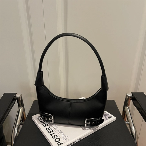 Dames Minimalistische PU Leren Halve Maan Schoudertas Trendy Hobo Okseltas Met Metalen Gesp Decoratie Casual Dagelijkse Tas