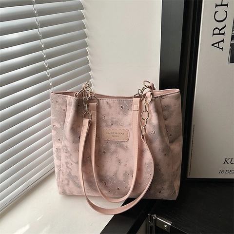 Borsa Tote Minimalista Urbana con Stampa Stella Luna in Pelle PU con Decorazione a Catena Borsa a Tracolla Donna Grande Capacità